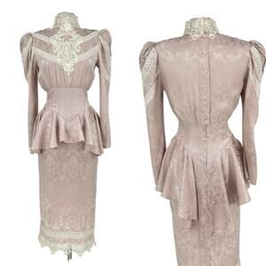 Vintage Gunne Sax Silk Edwardian Dress 6 Regency Pink Crochet Victorian Peplum